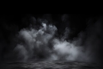 Studio show with white smoke on black background. Abstract backdrop. Modern and classic style.  Product presentation with copy space