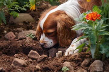 dog paw digging a hole to hide the bone in the garden