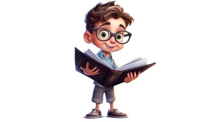 A little boy in glasses holds an open book in his hands on a white background.