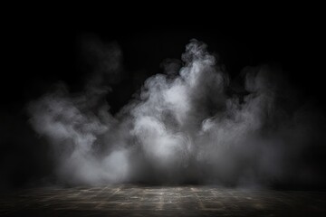 Studio show with white smoke on black background. Abstract backdrop. Modern and classic style.  Product presentation with copy space