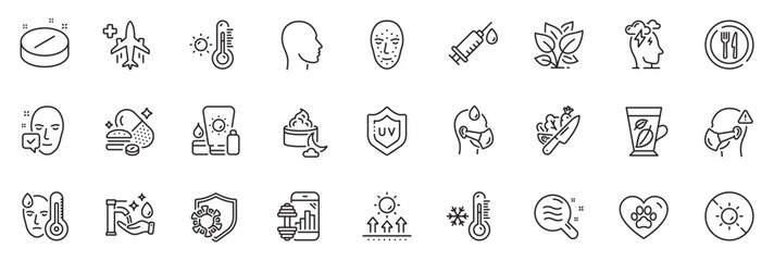 Icons pack as Food, Medical flight and Low thermometer line icons for app include Vegetable, Medical mask, Night cream outline thin icon web set. Face accepted, Stress. Food outline sign. Vector