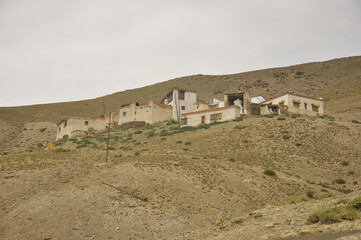 Landscape view of a old tibetan Buddhist monastery on slope of the mountain in Padum