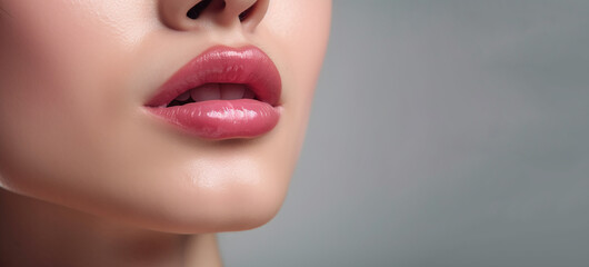 healthy human lips with pink glossy and shiny lipstick , Skincare and beauty and cosmetic concept. - obrazy, fototapety, plakaty
