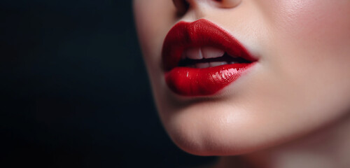 Fototapeta premium healthy human lips with red glossy and shiny lipstick , Skincare and beauty and cosmetic concept.