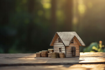 Stack of coins with a house model on blurred tree background.