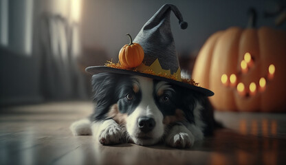 Cute dog laying on floor in living room  and wear Halloween hat and dress with a ghost pumpkin to celebrate festival, Trick or treating.