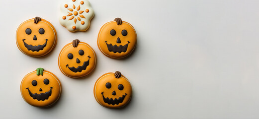 Gingerbread biscuit with Pumpkin face,  Jack-o-lantern, a bakery ,Trick or treat.