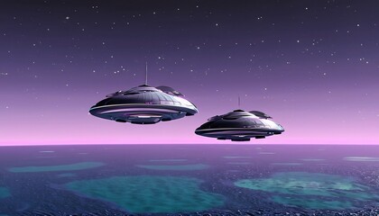 Obraz premium futuristic sci-fi battle spaceship hovering over an acid ocean on an alien planet 