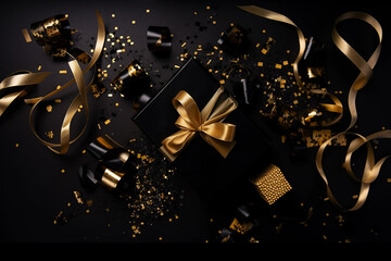 Black gift box with gold ribbon on black background for Black Friday Gift, occasion event, Birthday gift, Valentines gift ,New year party .