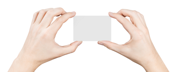 Hands holding a blank card or a ticket/flyer, cut out