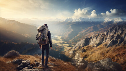 Hiker with backpack standing on top of mountain and looking at valley with morning sunlight. Generative AI