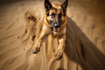 dog leaving paw prints while digging in sand