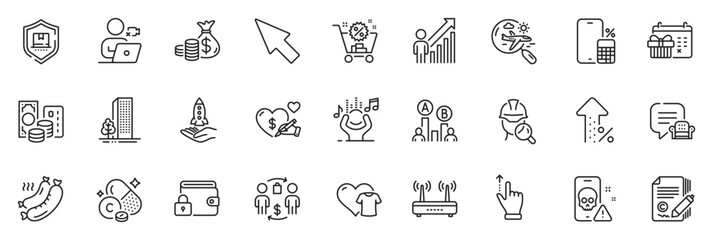 Icons pack as Clothing, Coins bag and Ab testing line icons for app include Shopping cart, Lock, Lounge place outline thin icon web set. Crowdfunding, Copywriting, Noise pictogram. Vector