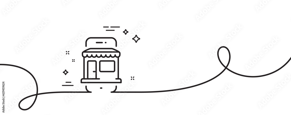 Poster Marketplace app line icon. Continuous one line with curl. Online store sign. Retail phone application symbol. Marketplace single outline ribbon. Loop curve pattern. Vector