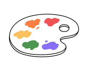 Hand drawn cute outline illustration of school palette with paint. Flat vector stationery drawing tools in line art doodle style. Education or study sticker, icon. Back to school. Isolated on white.