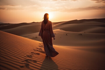 Arabian woman walk in the desert sand dunes at sunset. Wanderlust and summer vacation concept, generative AI