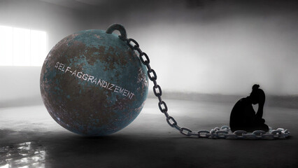 Self aggrandizement - a metaphorical view of a woman struggle with self aggrandizement. Trapped alone and chained to a burden of Self aggrandizement. Constant and strenuous fight.,3d illustration