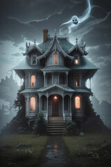 halloween background flat design ghost house generative by Ai  04