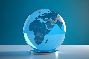 Transparent globe on stand on blue background. Education concept. Studying maps and using geographic tools. Innovative educational materials. Tourism and travel