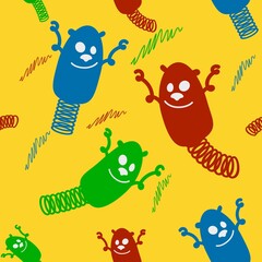 Seamless pattern. Jumping cartoon characters. Springs. Funny characters with the inscription 