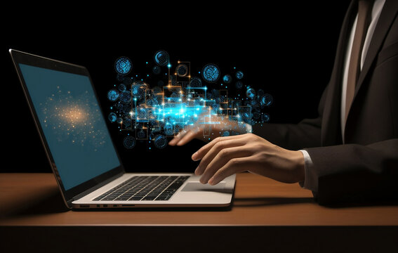 Businessman's hands over his laptop and virtual light graphics