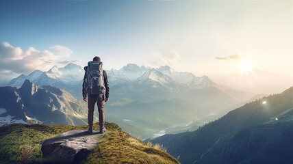 Hiker with backpack standing on top of mountain and looking at valley with morning sunlight. Generative AI