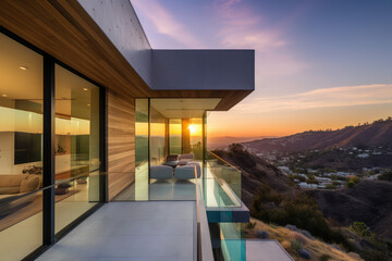Beautiful modern house in the mountains of Los Angeles with a beautiful sunset view