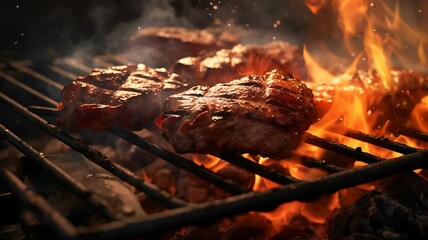 Steak grilling on a barbecue, grilled meat, beef meat, bifteck, roasted meet, cooked with fire, bbq party, summer party, american food, cooked with fire