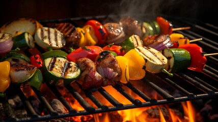 Vegetables  and meat skewers, brochette grilled on a barbecue, bbq, corn, tomatoes, eggplant, roasted veggies, cooked with fire, pork, chicken, beef, summer party, american meal, yummy food