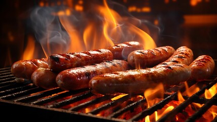 sausage, merguez on a barbecue grill, sausage on a bbq, summer party, roasted meat, chicken, pork, lamb, spicy meat, flames, traditional barbecue, american food, grilled meat, grill - obrazy, fototapety, plakaty