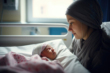 mother holding her newborn baby in hospital, generative AI