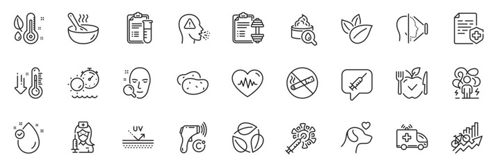 Icons pack as Thermometer, Vaccine message and Pets care line icons for app include Tanning time, Training results, Vaccination outline thin icon web set. Vitamin e, Dumbbell, Cook pictogram. Vector