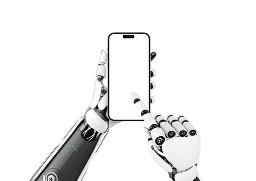 Robot holding smart phone and touch isolated display for mockup, app presentation. First person view. Isolated background