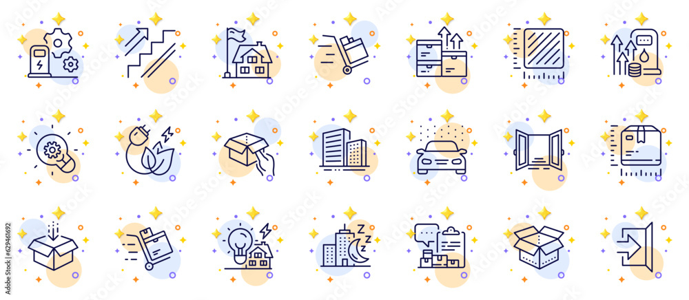 Poster outline set of inventory cart, square meter and push cart line icons for web app. include night city
