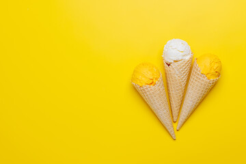 Assorted ice cream flavours in delightful waffle cones