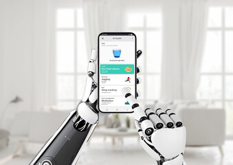 Artificial intelligence for health management concept. Robot hand holds a mobile phone with a...