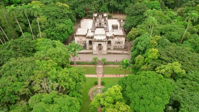 Aerial view of Scenic Parque Lage mansion surrounded by tropical lush vegetation, Rio de Janeiro
