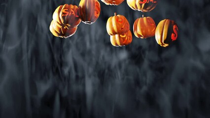 Halloween sale background with falling pumpkins on smoke backdrop