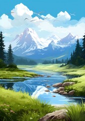 Landscape with big shaped mountains and blue large clean lake, colorful wallpaper.