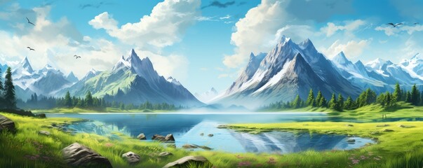 Naklejka na ściany i meble Landscape with big shaped mountains and blue large clean lake, colorful panorama.