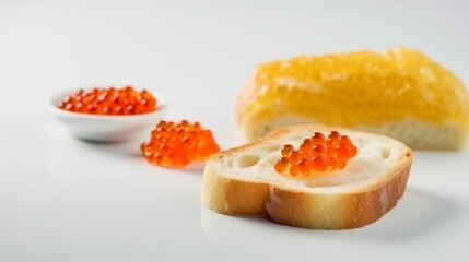 Delightful composition of bread adorned with butter and red caviar, elegantly presented on a clean white background. Generative Ai