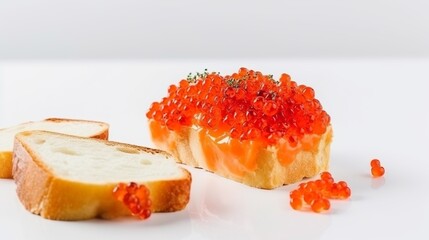 Delightful composition of bread adorned with butter and red caviar, elegantly presented on a clean white background. Generative Ai