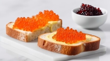 Naklejka na ściany i meble Delightful composition of bread adorned with butter and red caviar, elegantly presented on a clean white background. Generative Ai