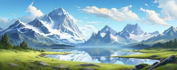 Landscape with big shaped mountains and blue large clean lake, colorful panorama.