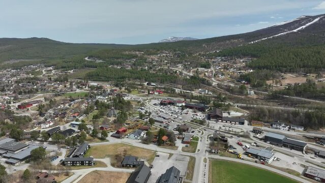 Dombaas Norway - High angle aerial view of town centre and roads