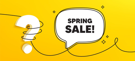 Spring Sale tag. Continuous line chat banner. Special offer price sign. Advertising Discounts symbol. Spring sale speech bubble message. Wrapped 3d question icon. Vector