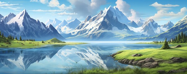 Fototapeta premium Landscape with big shaped mountains and blue large clean lake, colorful panorama.