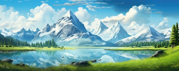 Naklejka premium Landscape with big shaped mountains and blue large clean lake, colorful panorama.