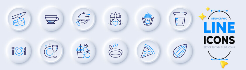 Pasta, Food delivery and Pizza line icons for web app. Pack of Dry cappuccino, Cooking beaker, Dish plate pictogram icons. Almond nut, Wedding glasses, Potato chips signs. Frying pan. Vector