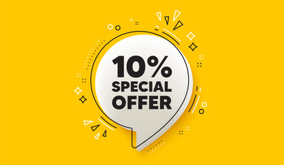 10 percent discount offer tag. 3d speech bubble yellow banner. Sale price promo sign. Special offer symbol. Discount chat speech bubble message. Talk box infographics. Vector